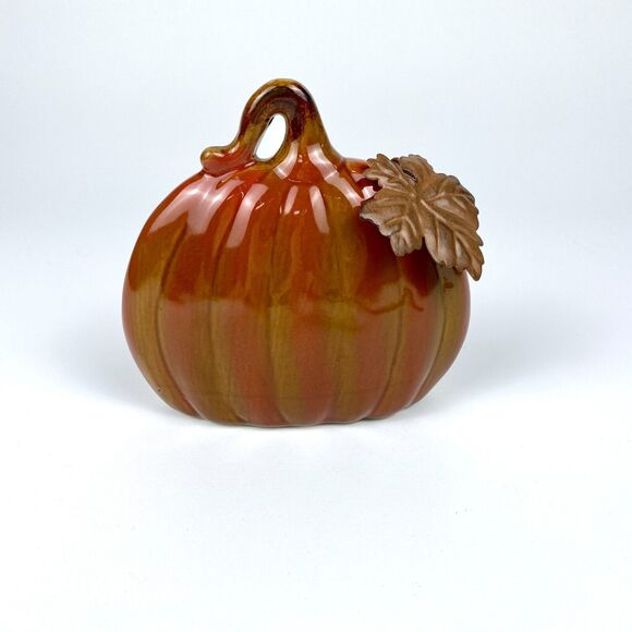 Ceramic Pumpkin with Metal Leaf Fun Festive Home Decoration Shelf Sitter 5.25" - Picture 1 of 12